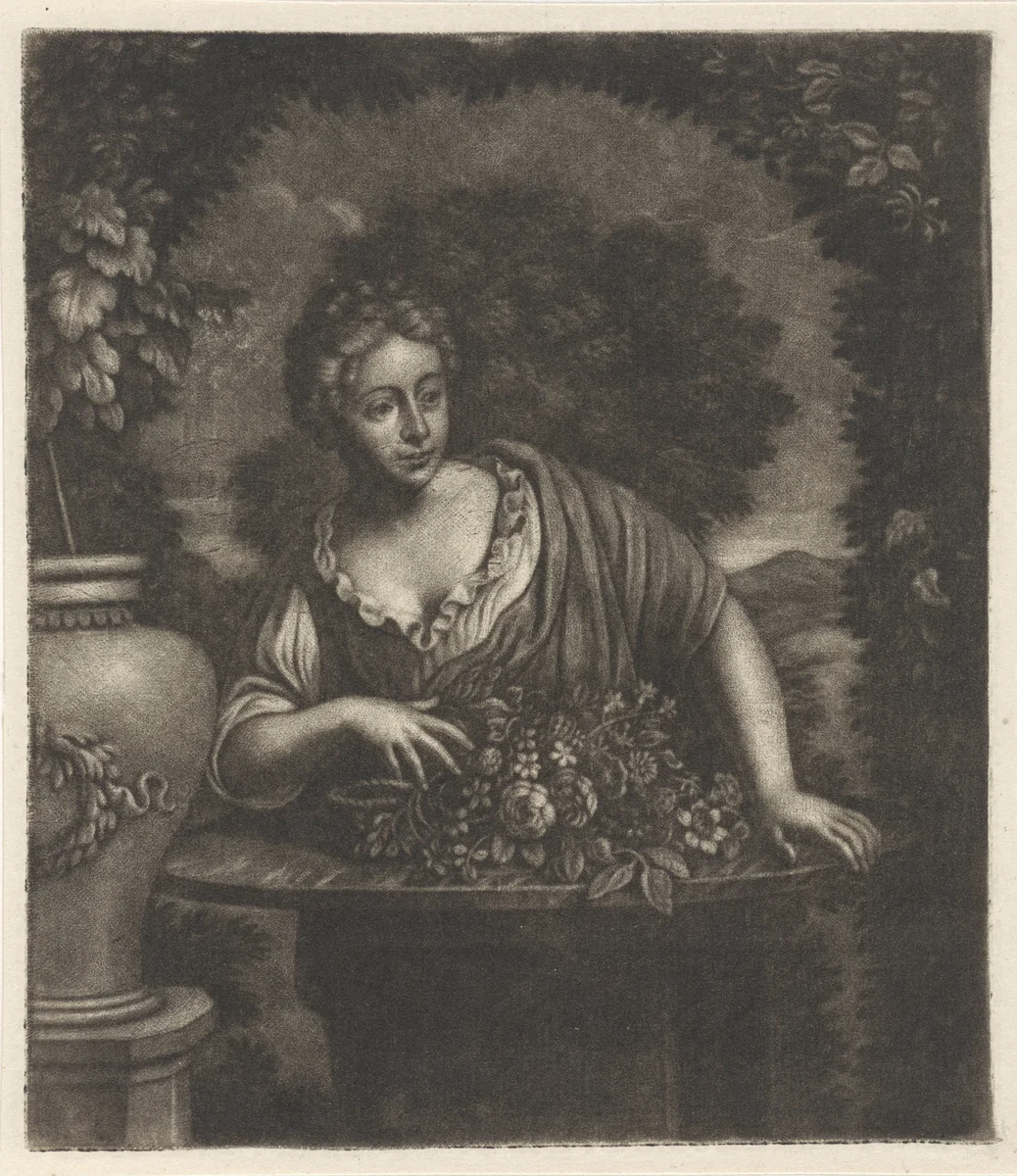 Vrouw in een tuin achter een tafel met bloemen by anonymous, print, 1650-1800