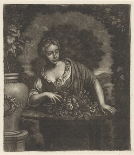 Vrouw in een tuin achter een tafel met bloemen by anonymous, print, 1650-1800