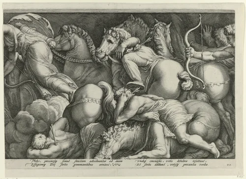 Fries met de bestraffing van Niobe (plaat 2) by Jan Saenredam, print, 1594