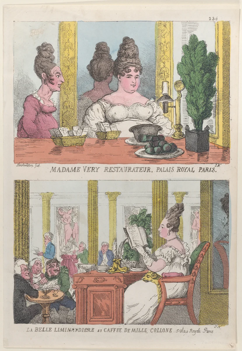 Madame Very Restauranteur, Palais Royal Paris and La Belle Liminaudiere au Caffee De Mille Collone, Palais Royale Paris by Thomas Rowlandson, print, 1814