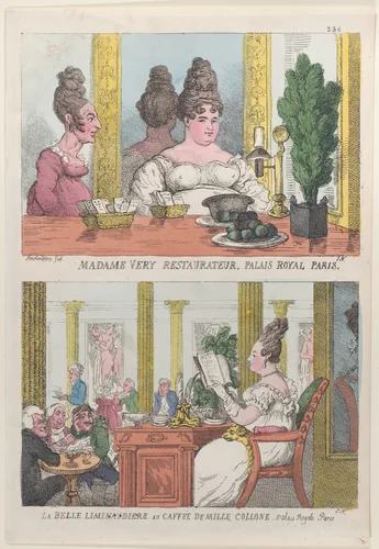 Madame Very Restauranteur, Palais Royal Paris and La Belle Liminaudiere au Caffee De Mille Collone, Palais Royale Paris by Thomas Rowlandson, print, 1814
