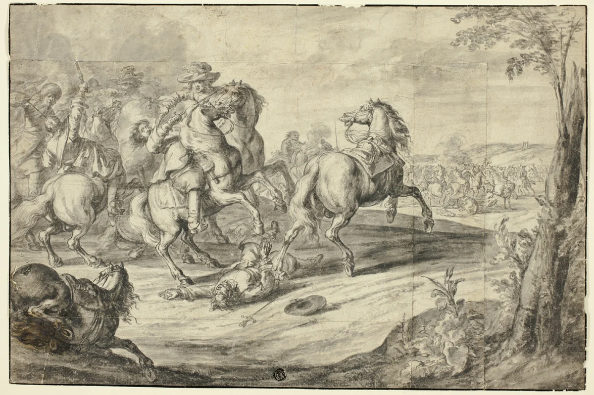 Soldiers in Battle by Jan van Huchtenburgh, drawing, 1650-1799