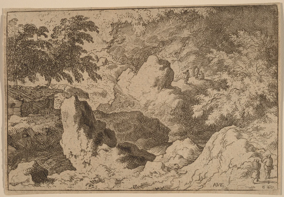 Three Men on a Rock by Allart van Everdingen, print, 1645-1656