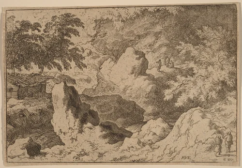 Three Men on a Rock by Allart van Everdingen, print, 1645-1656
