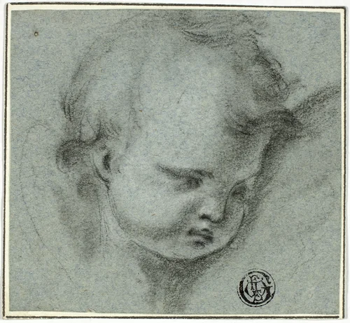 Head of Putto by Unknown Artist, drawing, 1600-1699