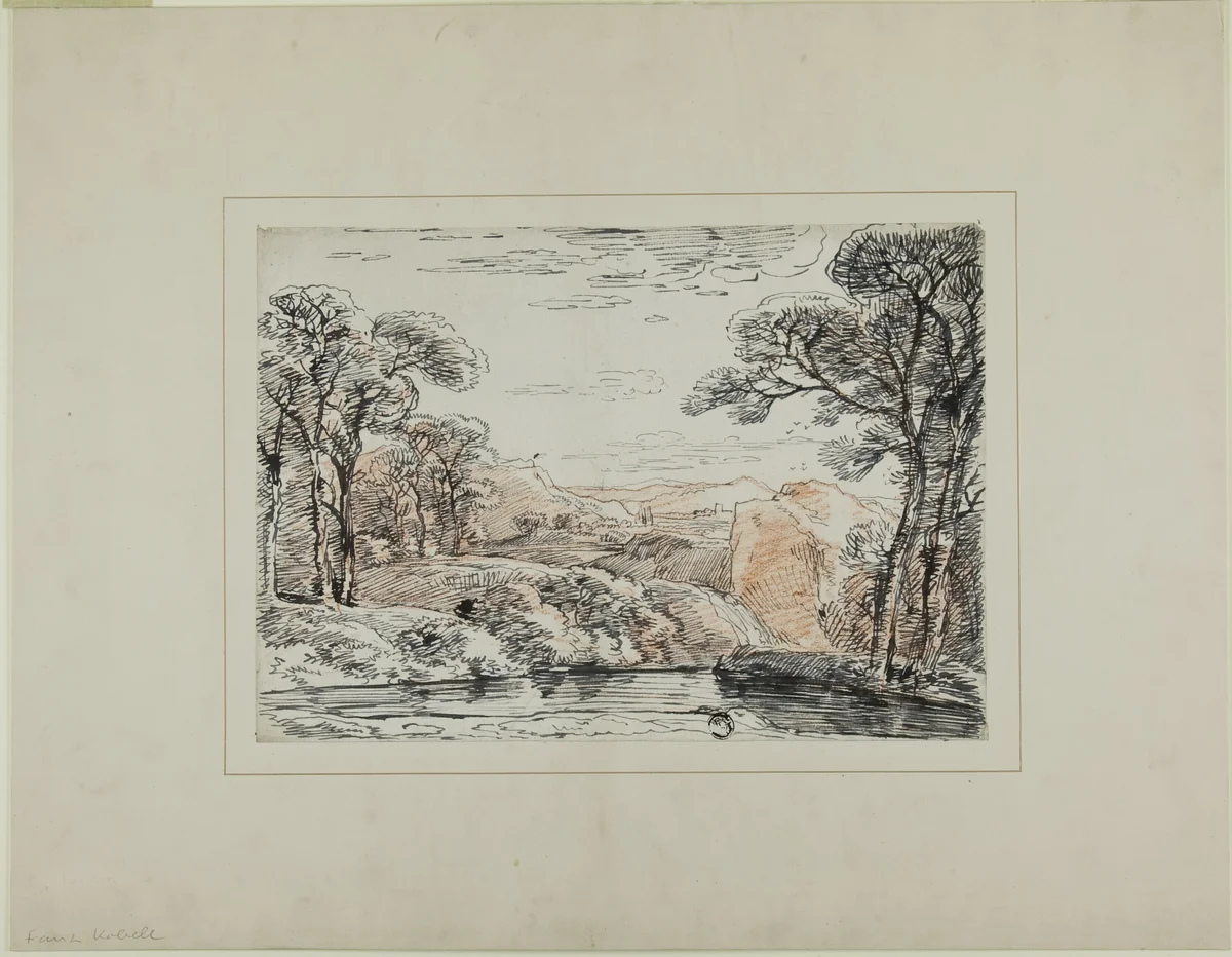 Landscape with River and Distant Hills by Franz Kobell, drawing, 1769-1822
