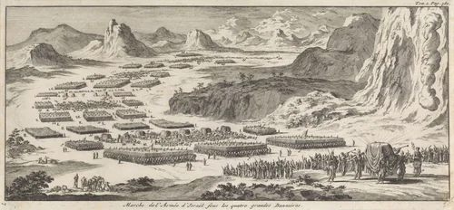 Legertocht van de twaalf stammen van Israël met het tabernakel by Jan Luyken, print, 1705