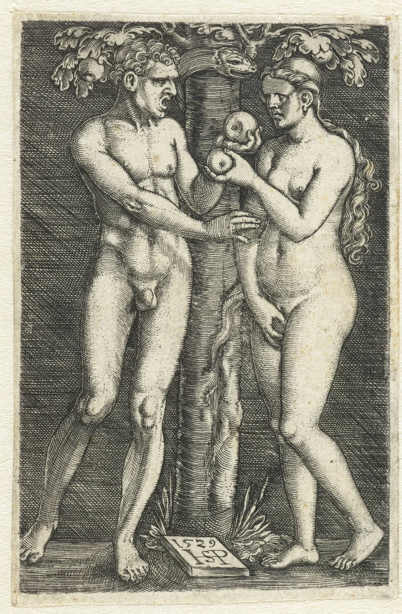 Verzoeking van Adam en Eva in het paradijs by Unknown, print, 1529