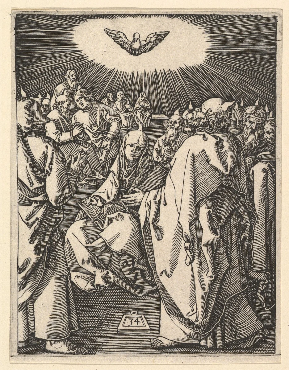 The Pentecost; the Holy Dove appears above, below sits the Virgin surrounded by Apostles, from "The Passion of Christ" by Marcantonio Raimondi, print, 1495-1539