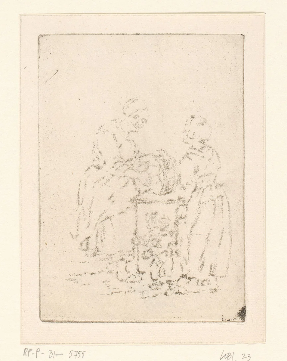 Twee vrouwen in gesprek tijdens de afwas by Christina Chalon, print, 1758-1808
