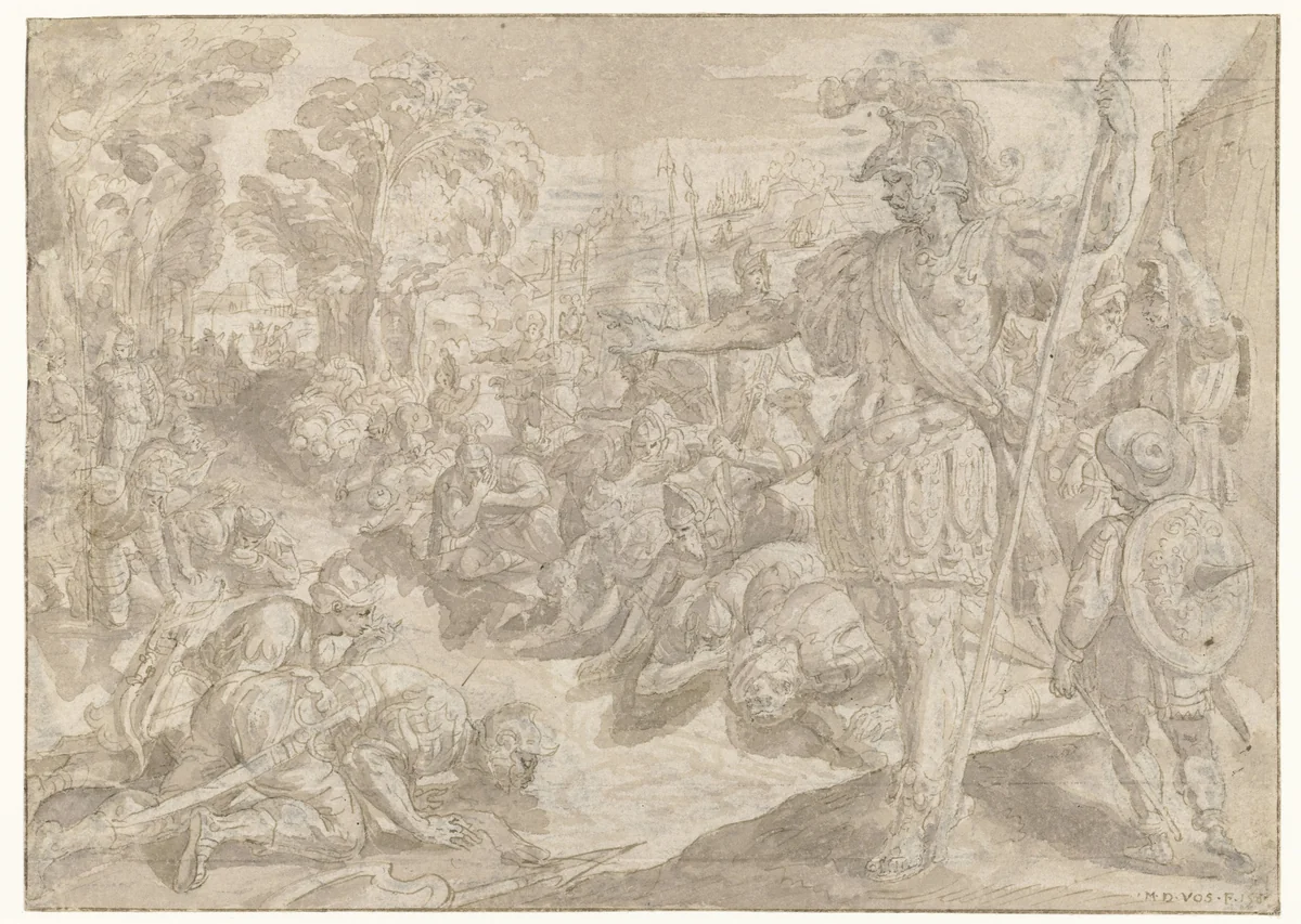 Gideon beveelt zijn manschappen te drinken by Maerten de Vos, drawing, 1580-1585