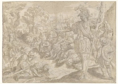 Gideon beveelt zijn manschappen te drinken by Maerten de Vos, drawing, 1580-1585