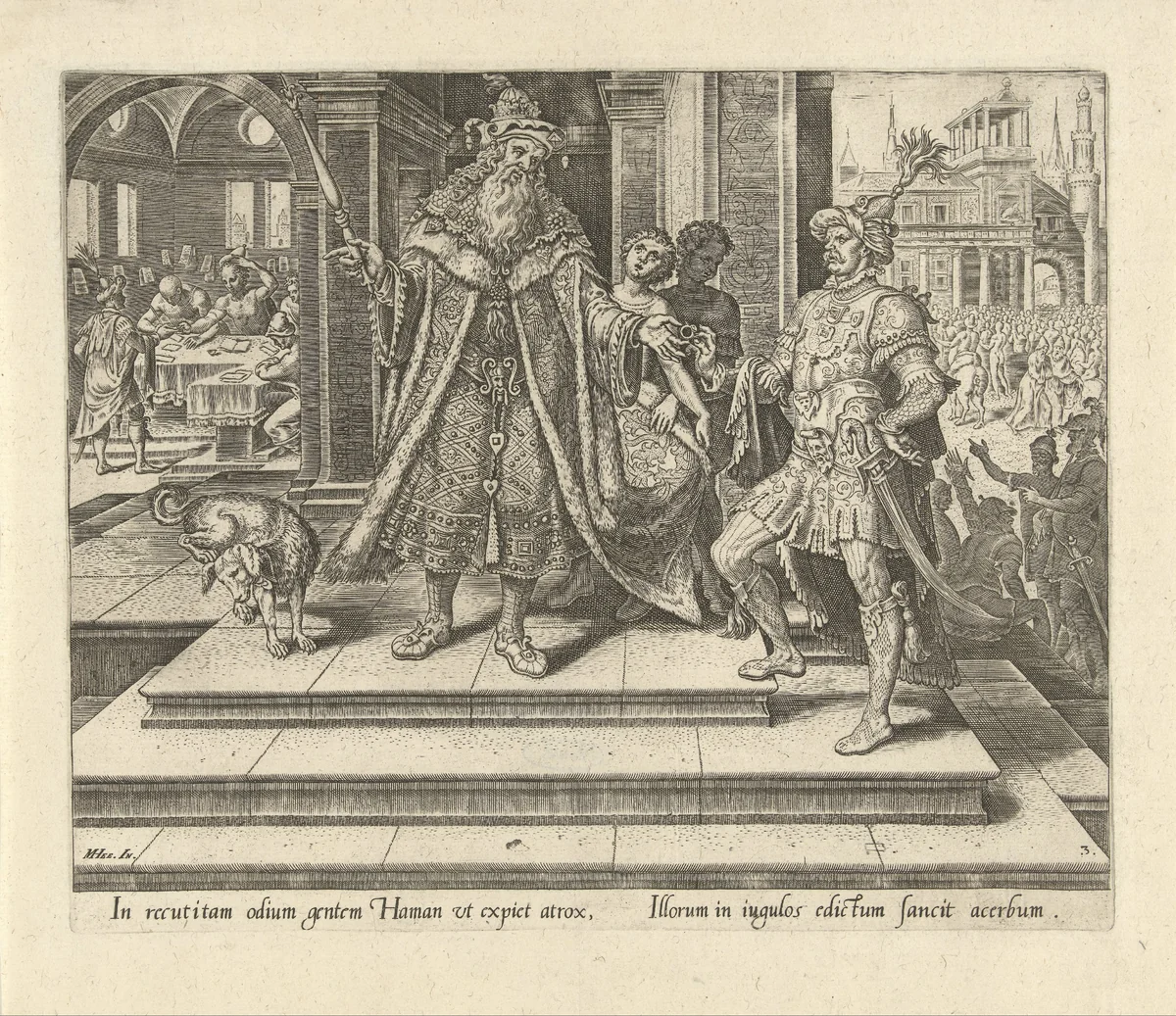 Ahasveros geeft Haman toestemming de Joden uit te roeien by Philips Galle, print, 1564