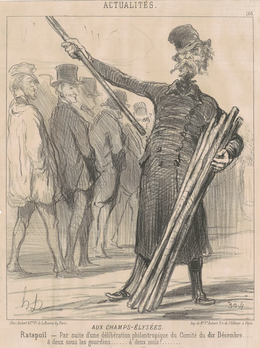 Aux Champs-Elysées, Ratapoil. Par suite d'une délibération philantropique [sic] du Comité du dix Décembre...à deux sous à club...deux sous... by Honoré Daumier, print, 1851