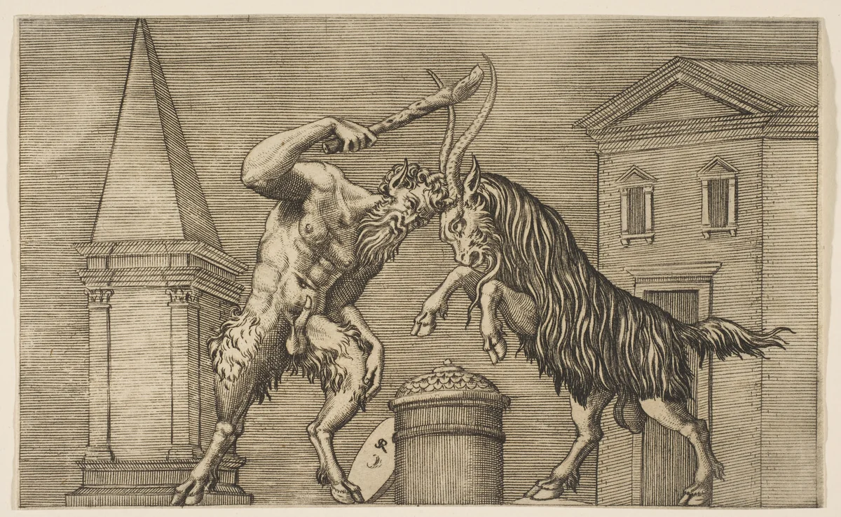 A satyr and a ram attacking each other, the satyr weilding a club with his right hand, a shield resting against a small column at center, buildings in the background by Marco Dente, print, 1510-1532
