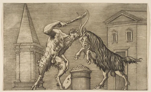 A satyr and a ram attacking each other, the satyr weilding a club with his right hand, a shield resting against a small column at center, buildings in the background by Marco Dente, print, 1510-1532