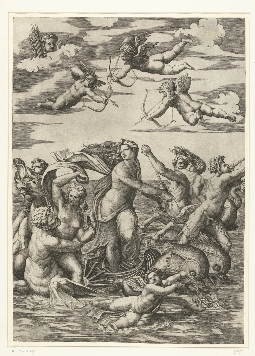 Triomf van Galatea met tritons en nereïden en putti by Unknown, print, 1515-1516