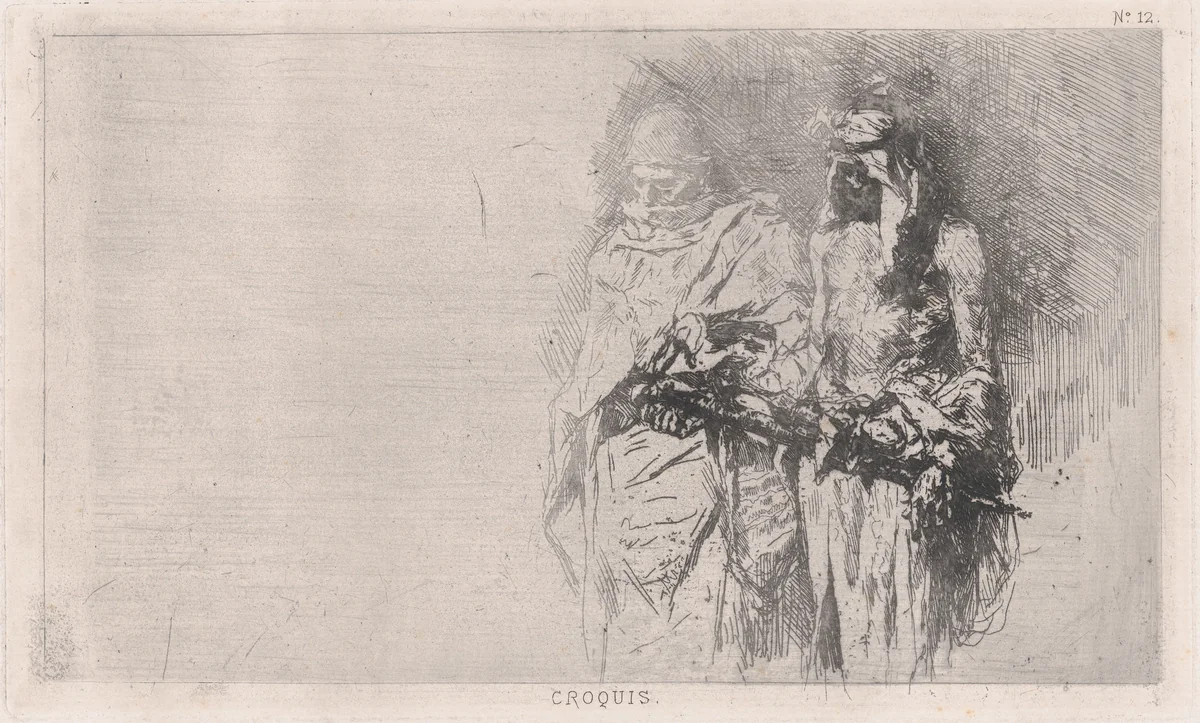 Croquis (sketch) of two Arabic men by Mariano Fortuny, print, 1860-1870