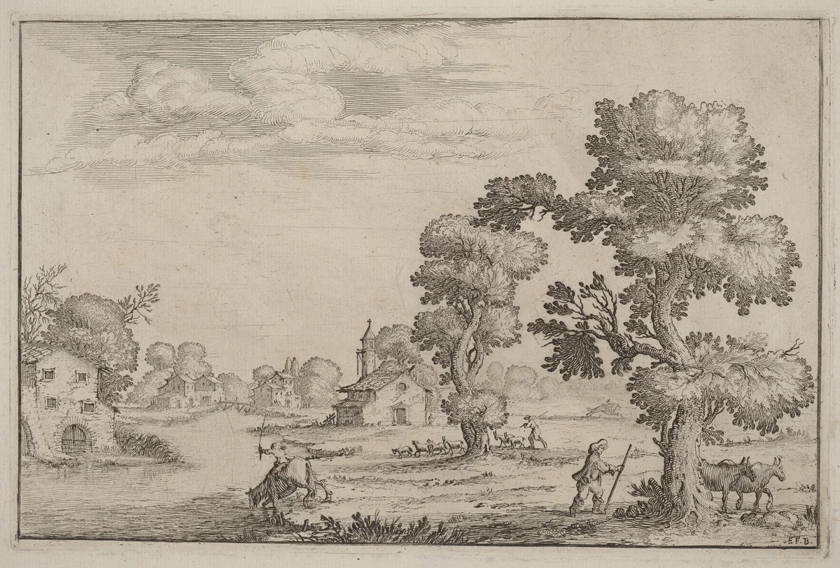 Lakeside Village with Herdsmen by Ercole Bazicaluva, print, 1638