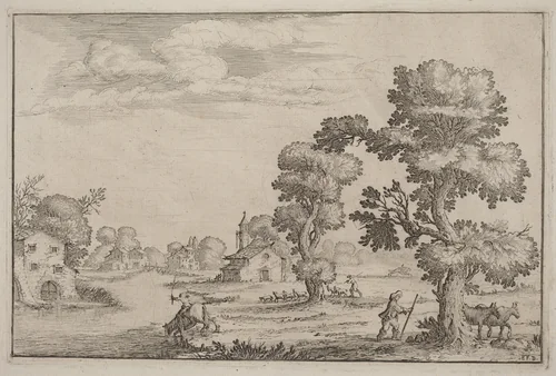 Lakeside Village with Herdsmen by Ercole Bazicaluva, print, 1638