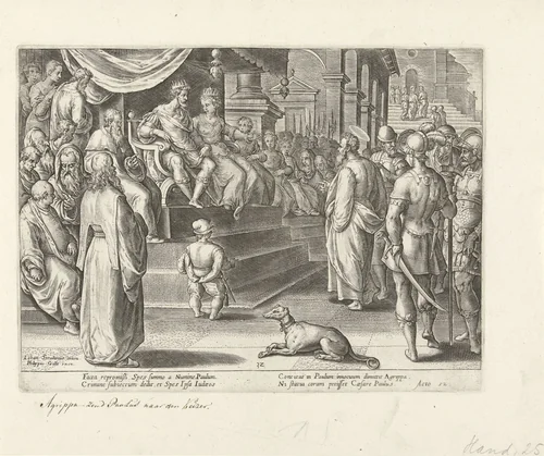 Paulus voor Festus en Agrippa by Unknown, print, 1582