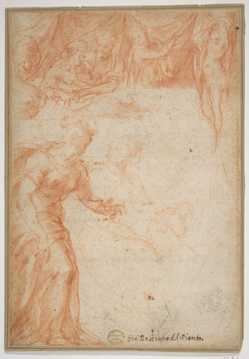 Figural Studies for a Scene (The Birth of the Virgin or Saint John the Baptist?) by Rosso Fiorentino, drawing, 1515-1535