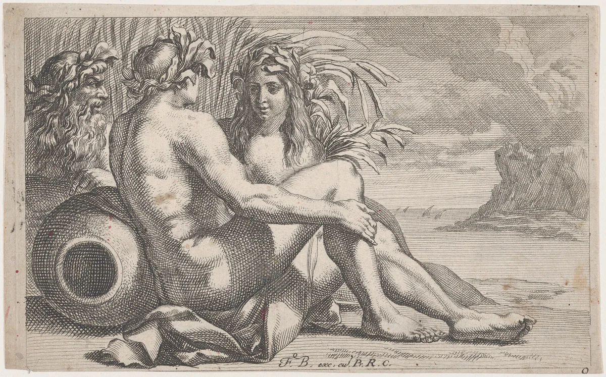 River gods reclining before a seascape by François Bourlier, print, 1651-1682