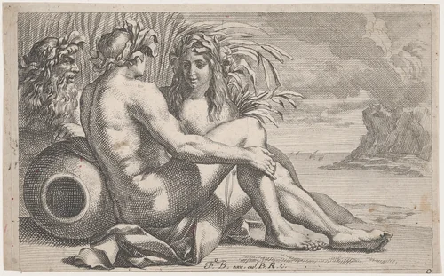 River gods reclining before a seascape by François Bourlier, print, 1651-1682