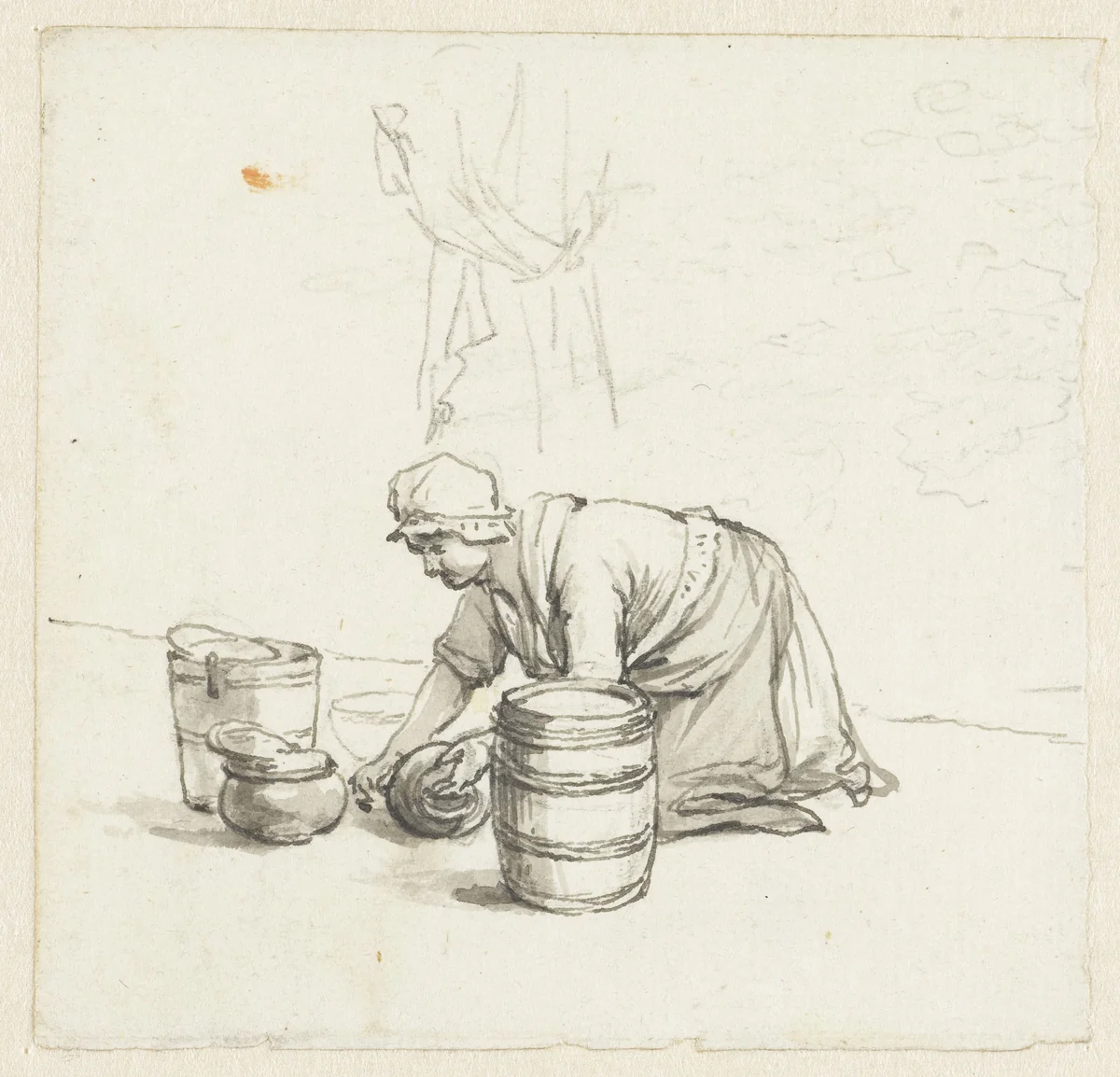 Poetsende vrouw by Pieter Bartholomeusz. Barbiers, drawing, 1782-1837