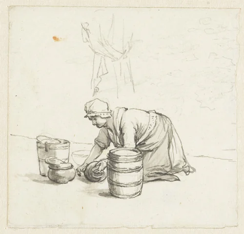 Poetsende vrouw by Pieter Bartholomeusz. Barbiers, drawing, 1782-1837