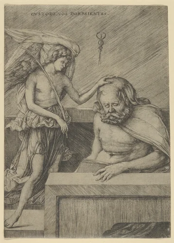 The Guardian Angel: an angel at left placing his hand on the head of a sleeping seated man by Jacopo de' Barbari, print, 1495-1505