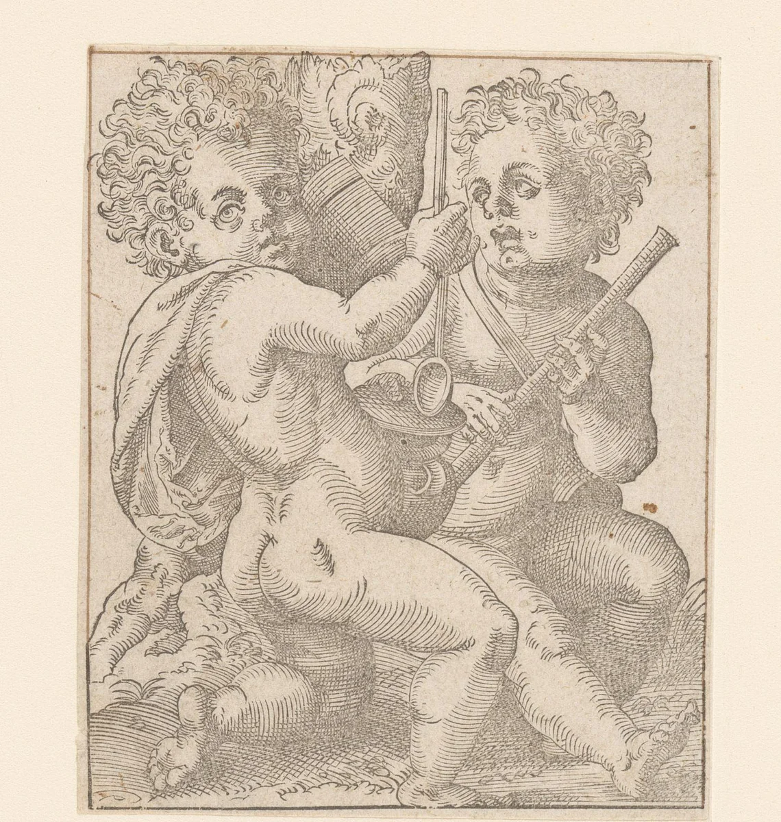 Twee putti spelen muziek by anonymous, print, 1580