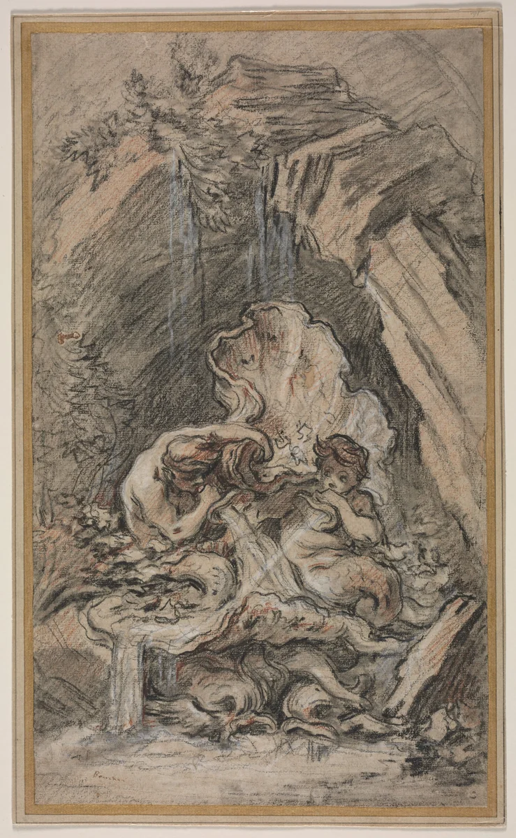 Fountain with Two Tritons Blowing Conch Shells by François Boucher, drawing, 1731-1741