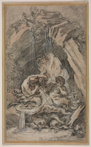Fountain with Two Tritons Blowing Conch Shells by François Boucher, drawing, 1731-1741
