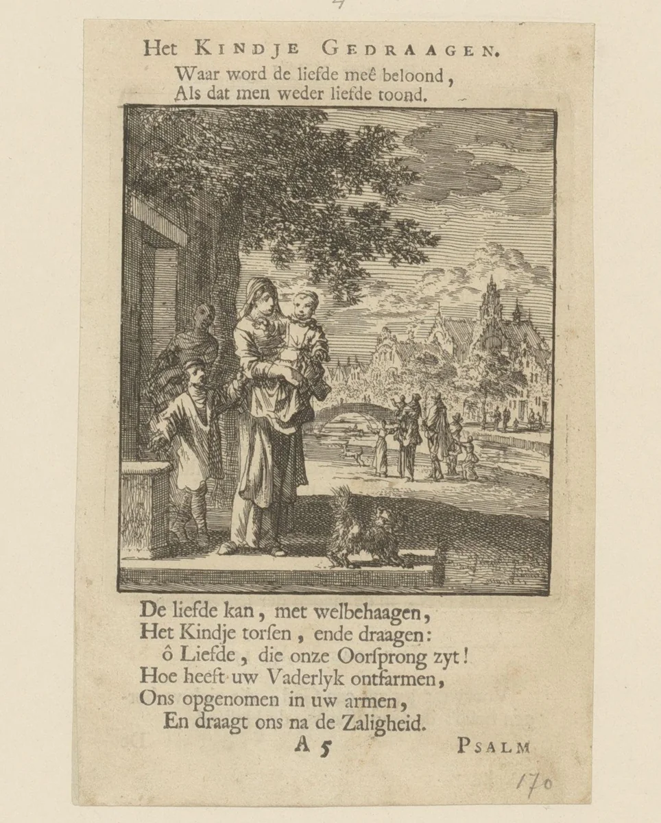 Kind in gedragen door de moeder in de buitenlucht by Jan Luyken, print, 1712