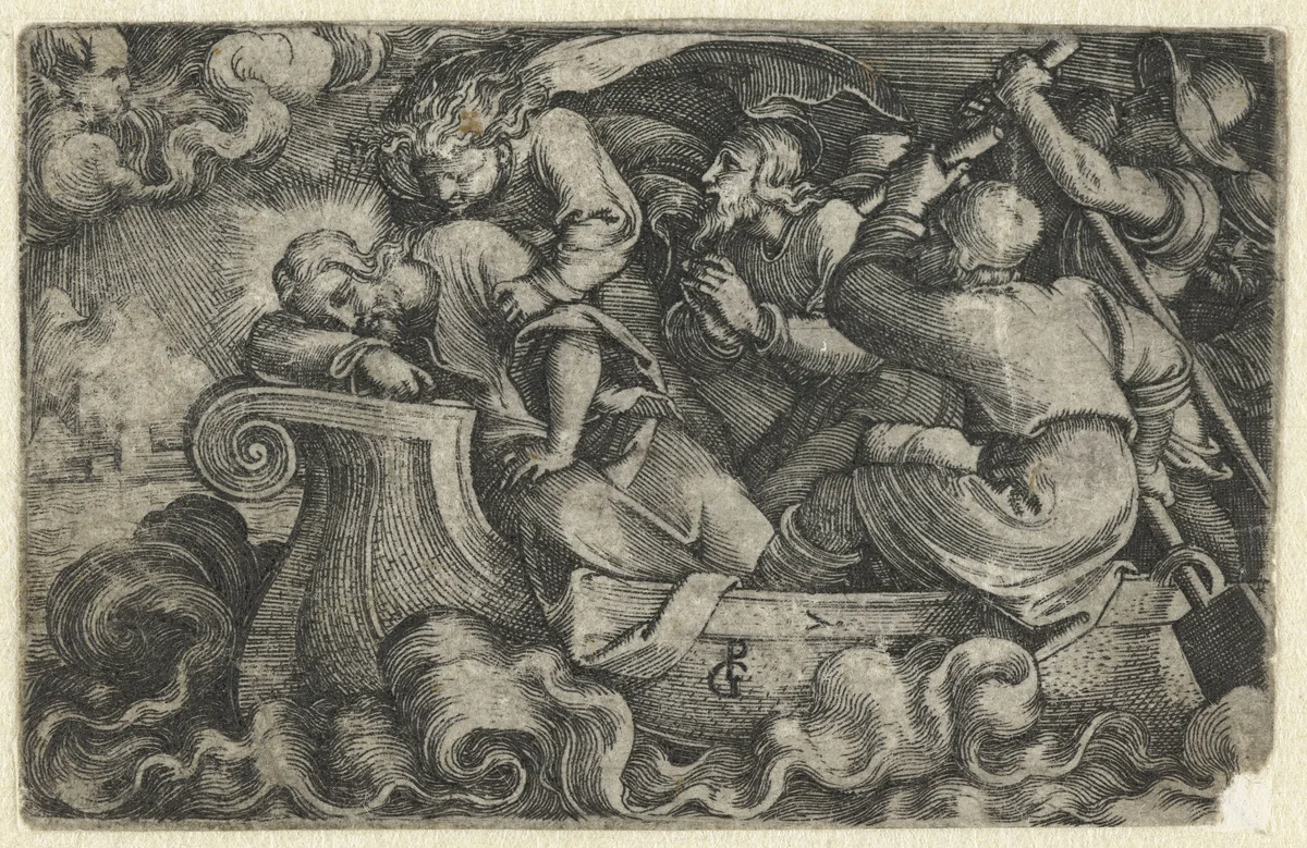 Discipelen wekken slapende Christus tijdens storm op Meer van Galilea by Unknown, print, 1534-1535