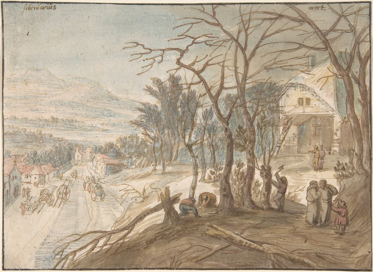 Allegory of the Months February and March by Joos de Momper, drawing, 1579-1635