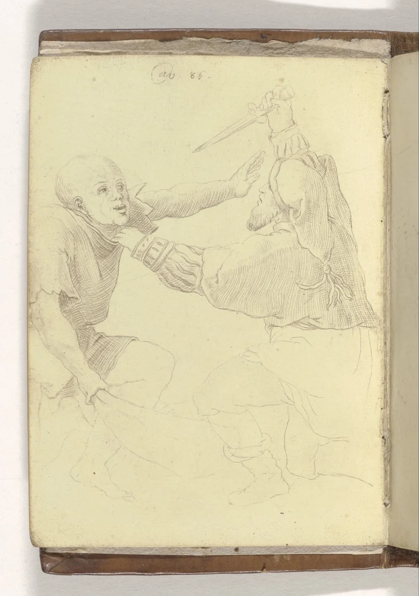 Twee vechtende romeinse soldaten by anonymous, drawing, 1586