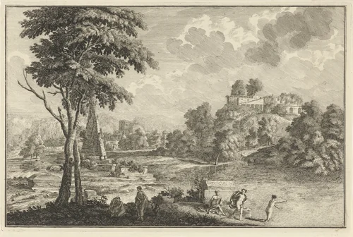 Arcadisch landschap met vijf badende vrouwen by Adolf van der Laan, print, 1710-1747