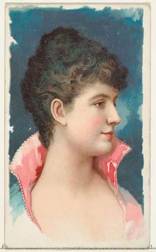 Actress wearing bodice with pink collar, from Stars of the Stage, First Series (N129) issued by W. Duke, Sons & Co. to promote Honest Long Cut Tobacco by W. Duke, Sons & Co., print, 1890
