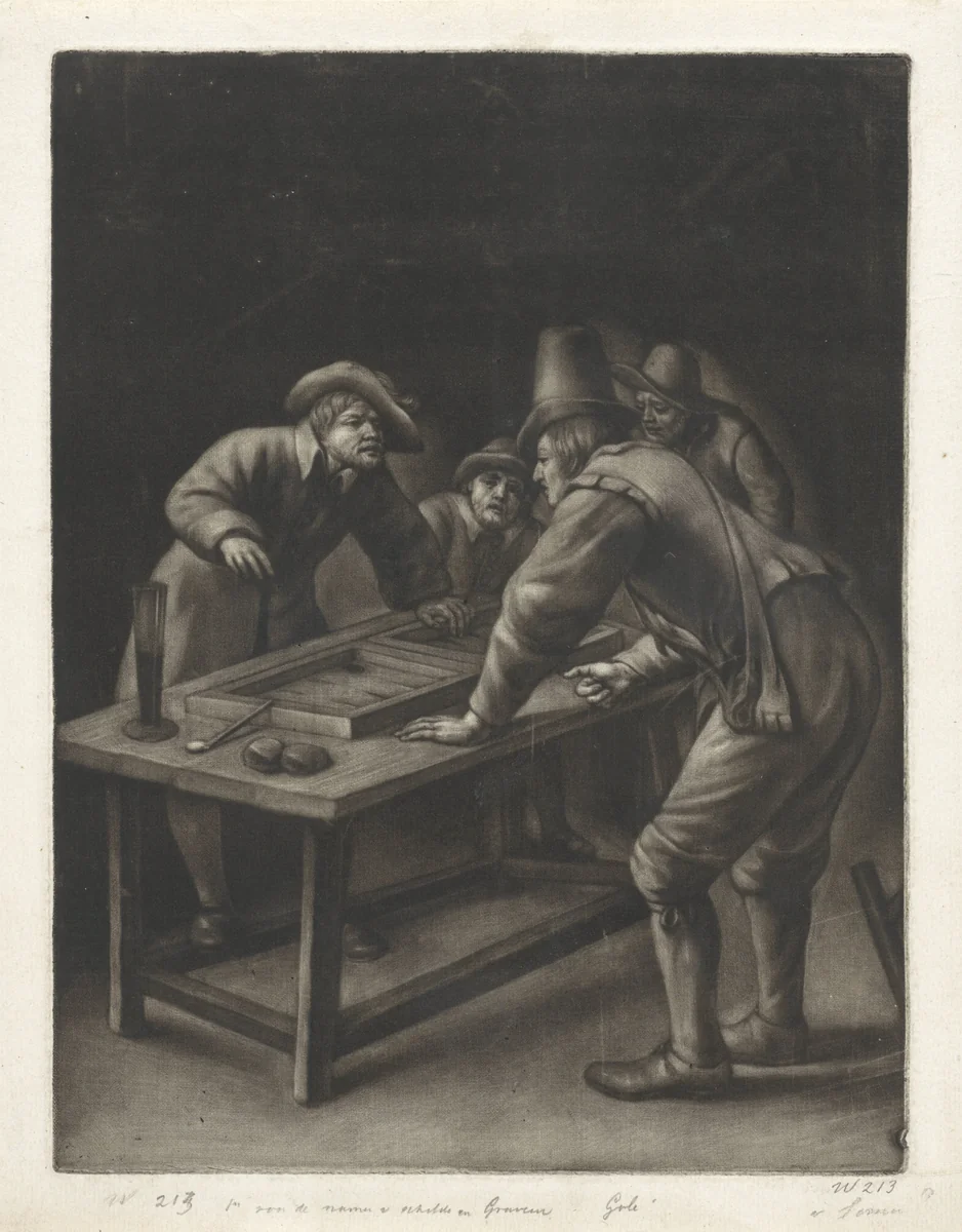 Twee triktrakspelers by Jacob Gole, print, 1670-1724