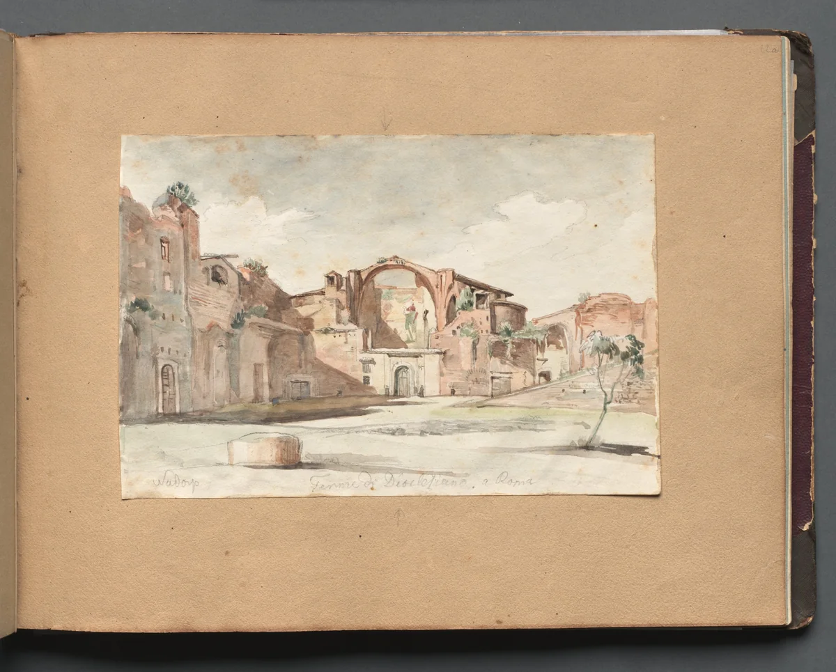 Album with Views of Rome and Surroundings, Landscape Studies, page 22a: "Terme di Diocleziano, Rome" by Franz Nadorp, book, 1830-1870