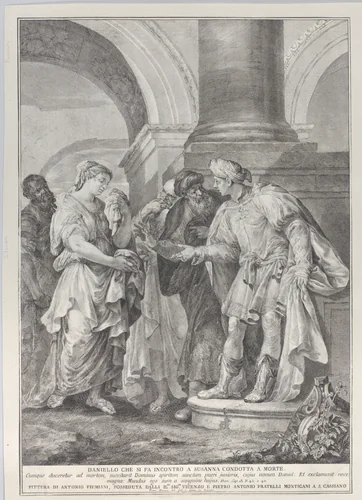 Daniel argues with the elders while Susanna stands at left by Pietro Monaco, print, 1732-1750