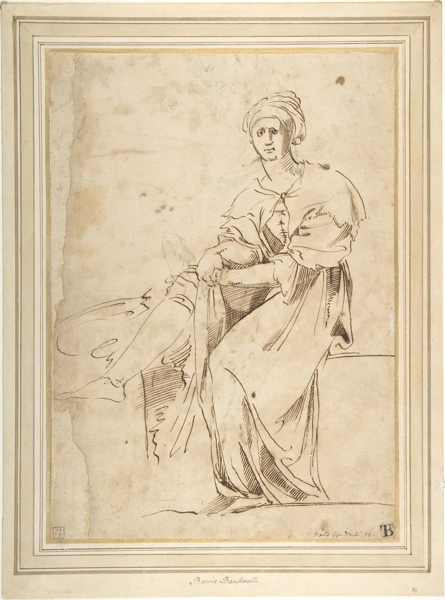 Seated Figure with Cloak and Turban by Baccio Bandinelli, drawing, 1493-1560