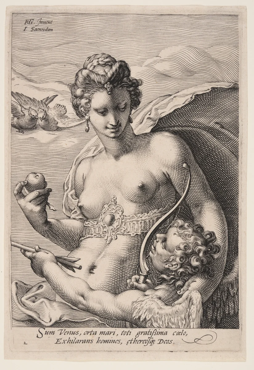 Venus and Cupid, from Three Goddesses by Jan Saenredam, print, 1595