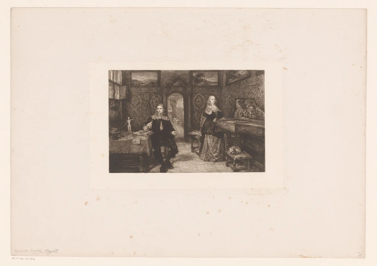 Jonge geleerde en een vrouw aan het klavecimbel by William Unger, print, 1847-1889