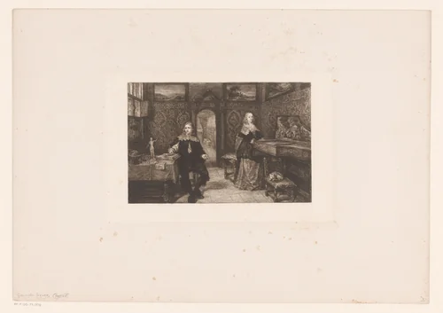 Jonge geleerde en een vrouw aan het klavecimbel by William Unger, print, 1847-1889