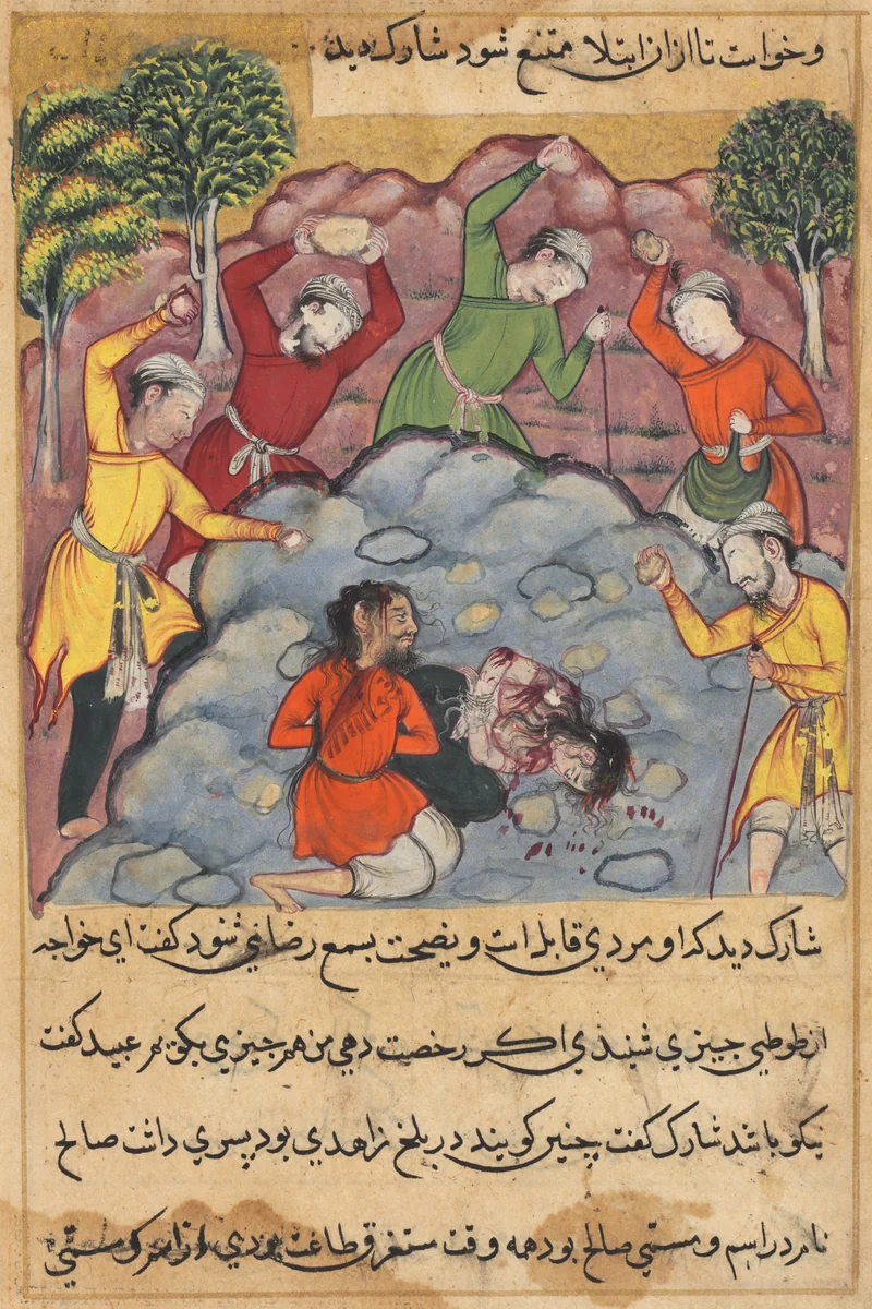 The Raja’s daughter and her lover stoned to death for adultery, from a Tuti-nama (Tales of a Parrot): Forty-Second Night by Unknown, painting, 1555-1565