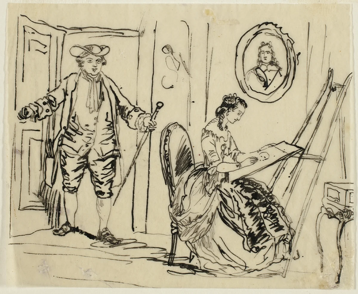 Interior with Man and Woman in Eighteenth-Century Dress by Rodolphe Bresdin, drawing, 1845-1885