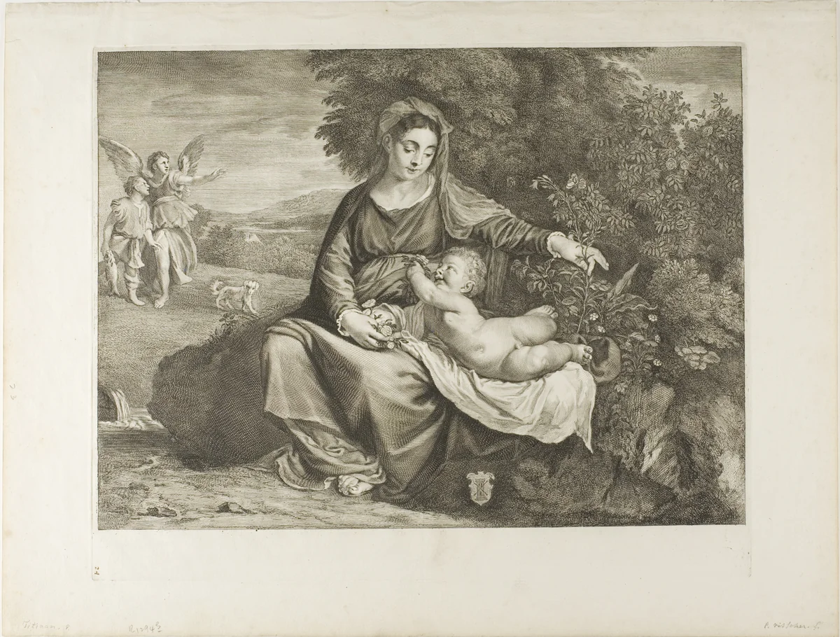 Virgin and Child, with Tobias and the Angel, from Cabinet Reynst by Cornelis Visscher, print, 1649-1658